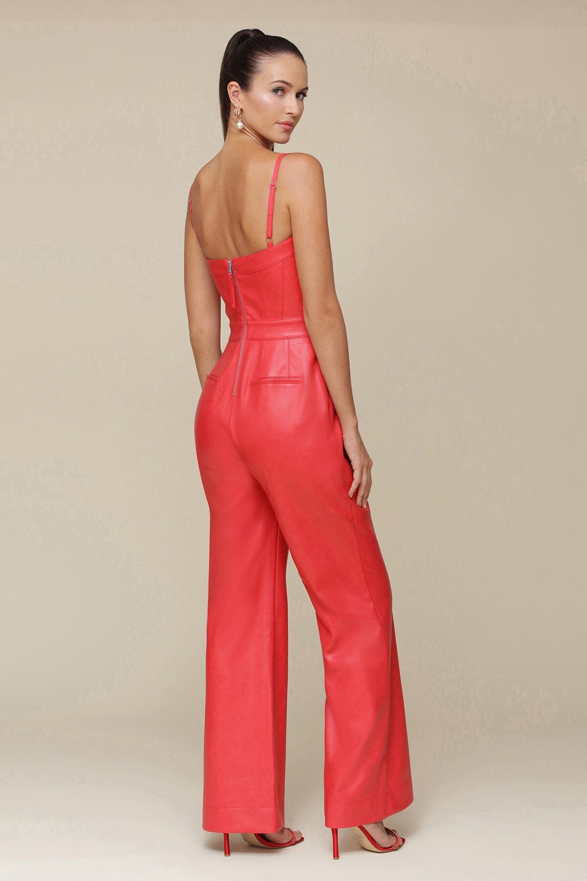 Red Faux Leather Wide Leg Jumpsuit with adjustable spaghetti straps and side pockets - Cute women's jumpsuits by Avec Les Filles
