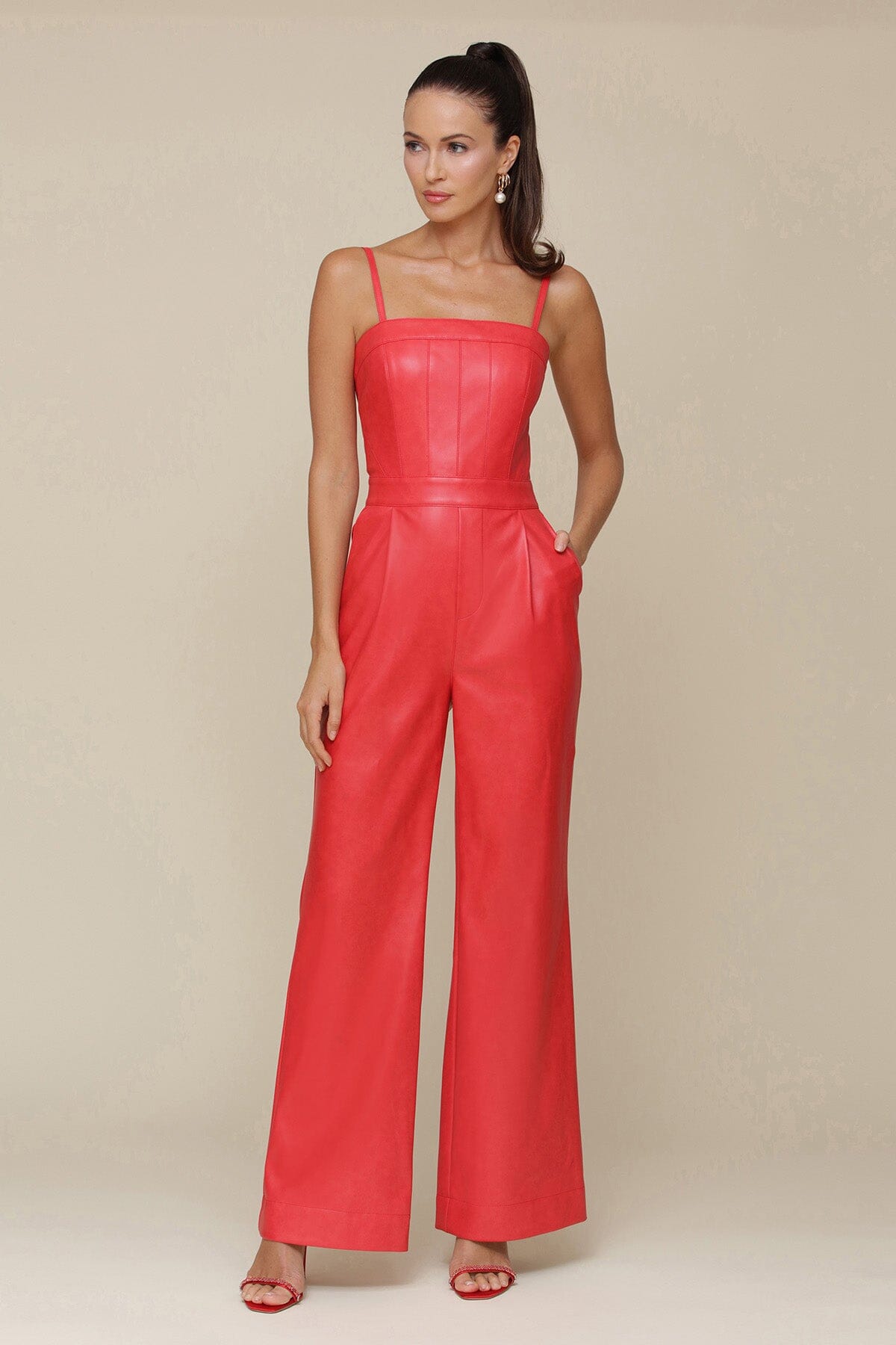 Red Faux Leather Wide Leg Jumpsuit with adjustable spaghetti straps and side pockets - Cute women's jumpsuits by Avec Les Filles
