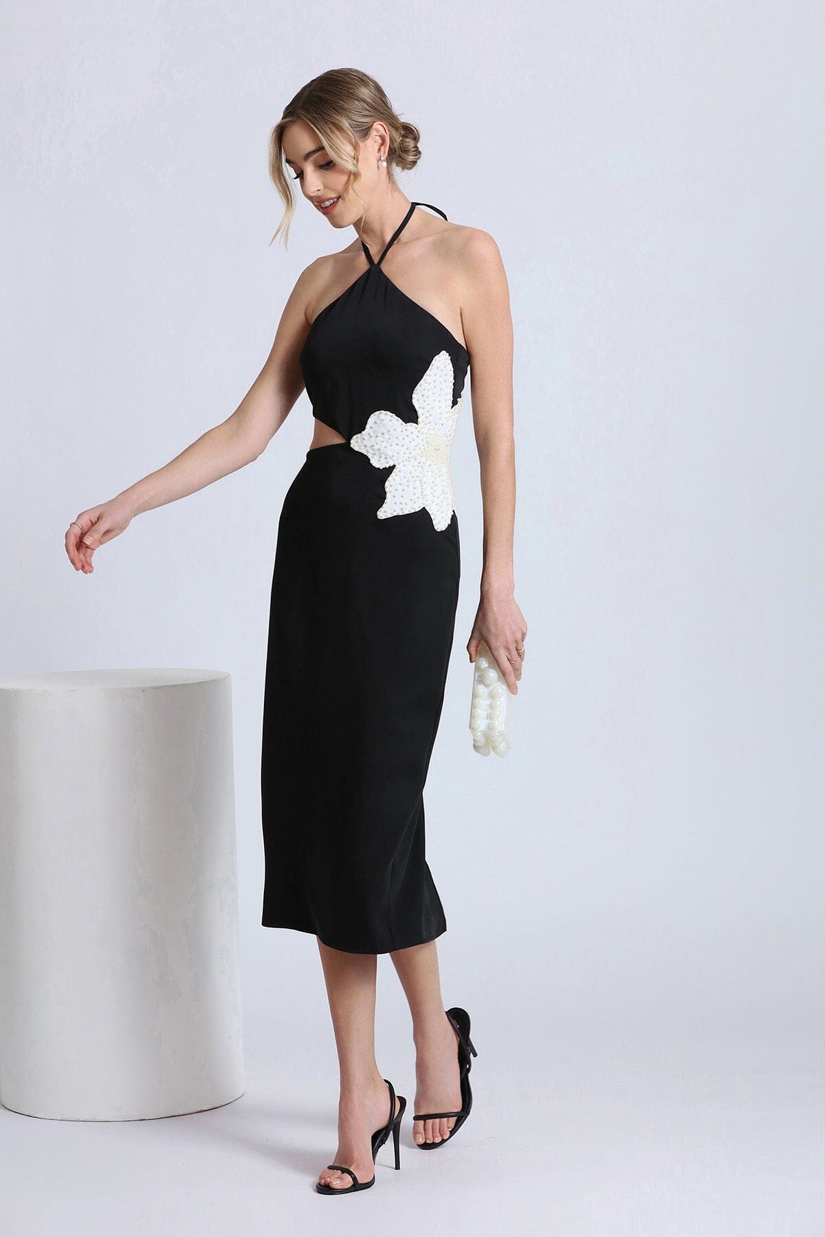 white flower embellished cut-out black halter dress - women's figure flattering summer wedding guest dresses for 2024 fashion trends by Avec Les Filles