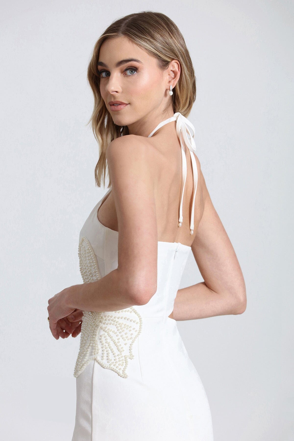all white flower pearl embellished cut-out halter dress - designer white dresses by Avec Les Filles 