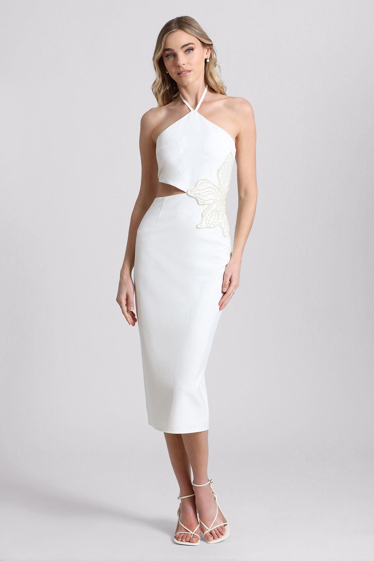 all white flower pearl embellished cut-out halter dress - figure flattering designer white dresses by Avec Les Filles