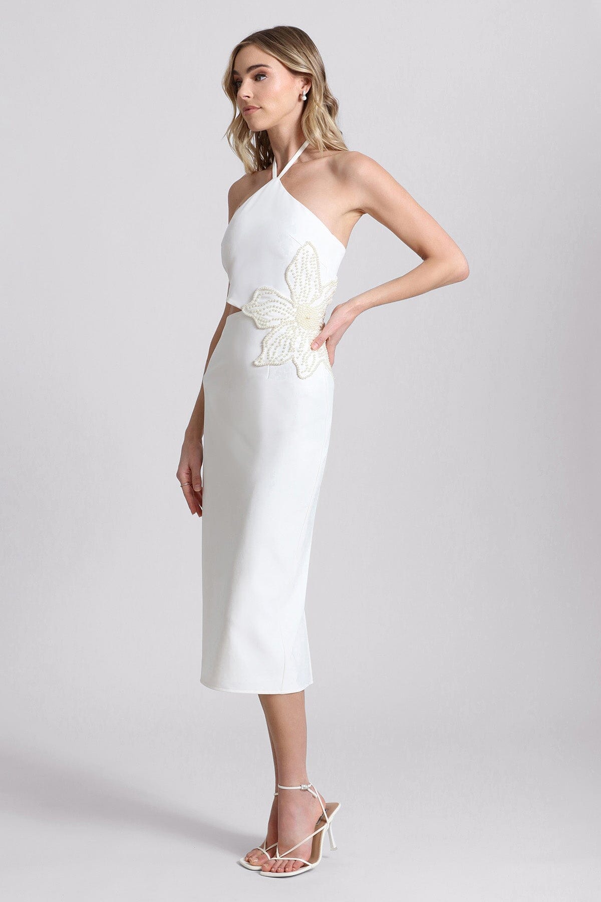 all white flower pearl embellished cut-out halter dress - cute unique designer white dresses by Avec Les Filles