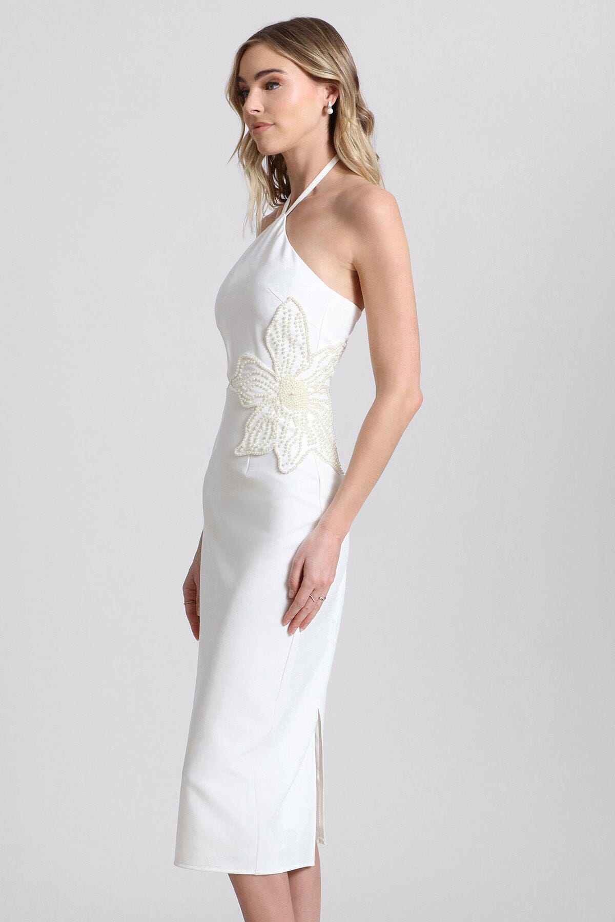 all white flower pearl embellished cut-out halter dress - affordable designer white dresses by Avec Les Filles