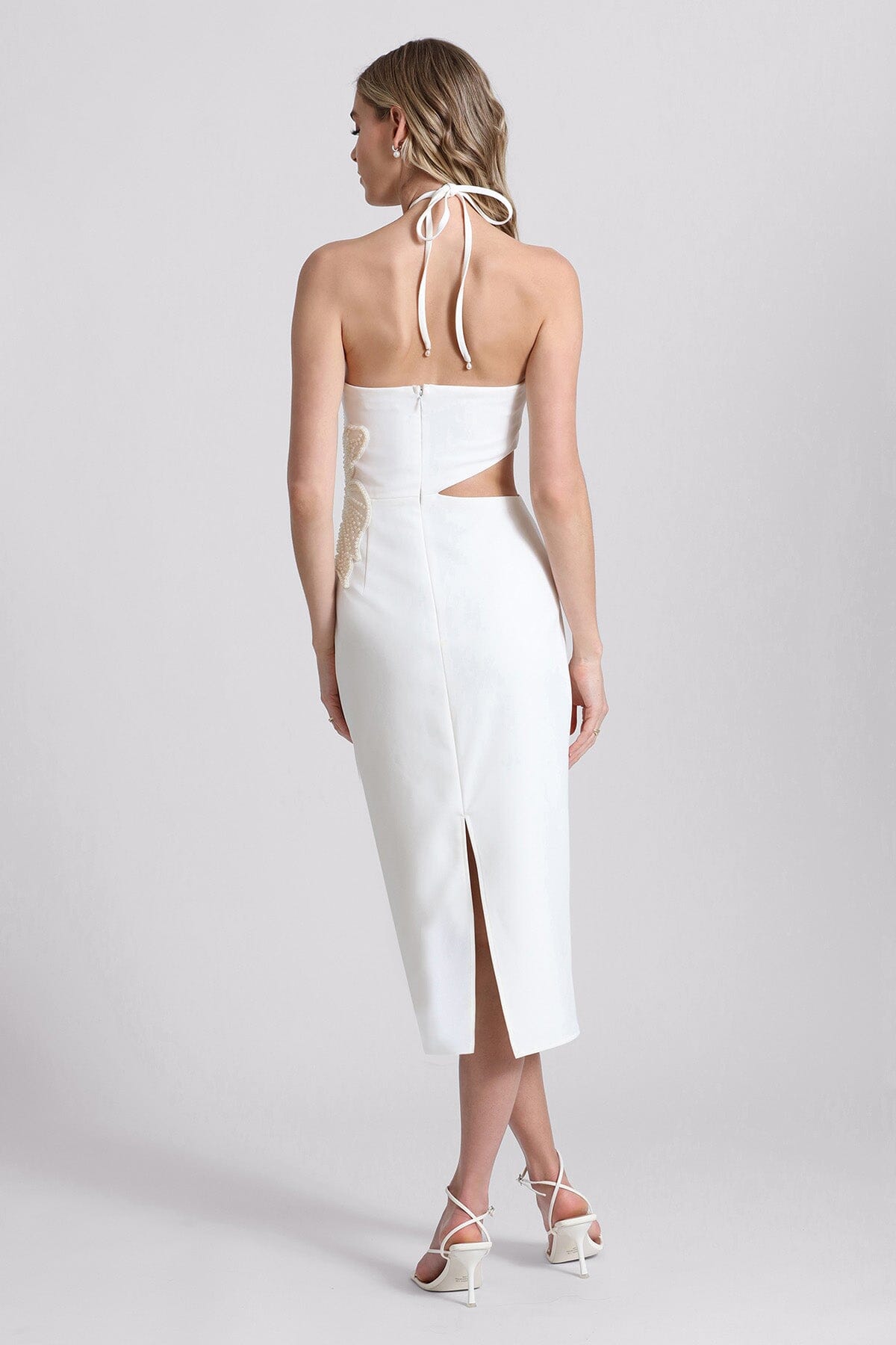 all white flower pearl embellished cut-out halter dress - designer white midi dresses by Avec Les Filles