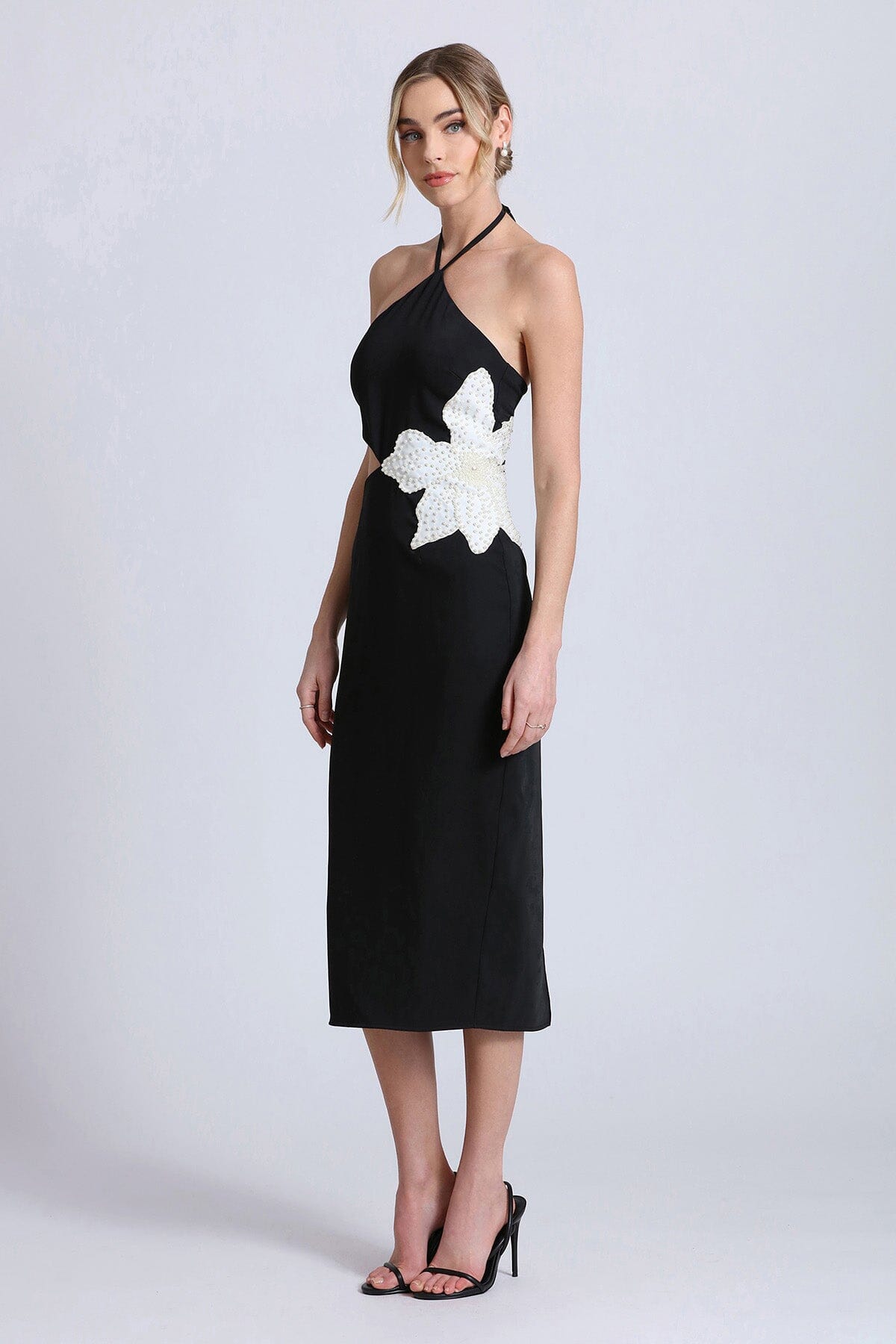 Olive Green Flower Embellished Cut Out Black Halter Dress