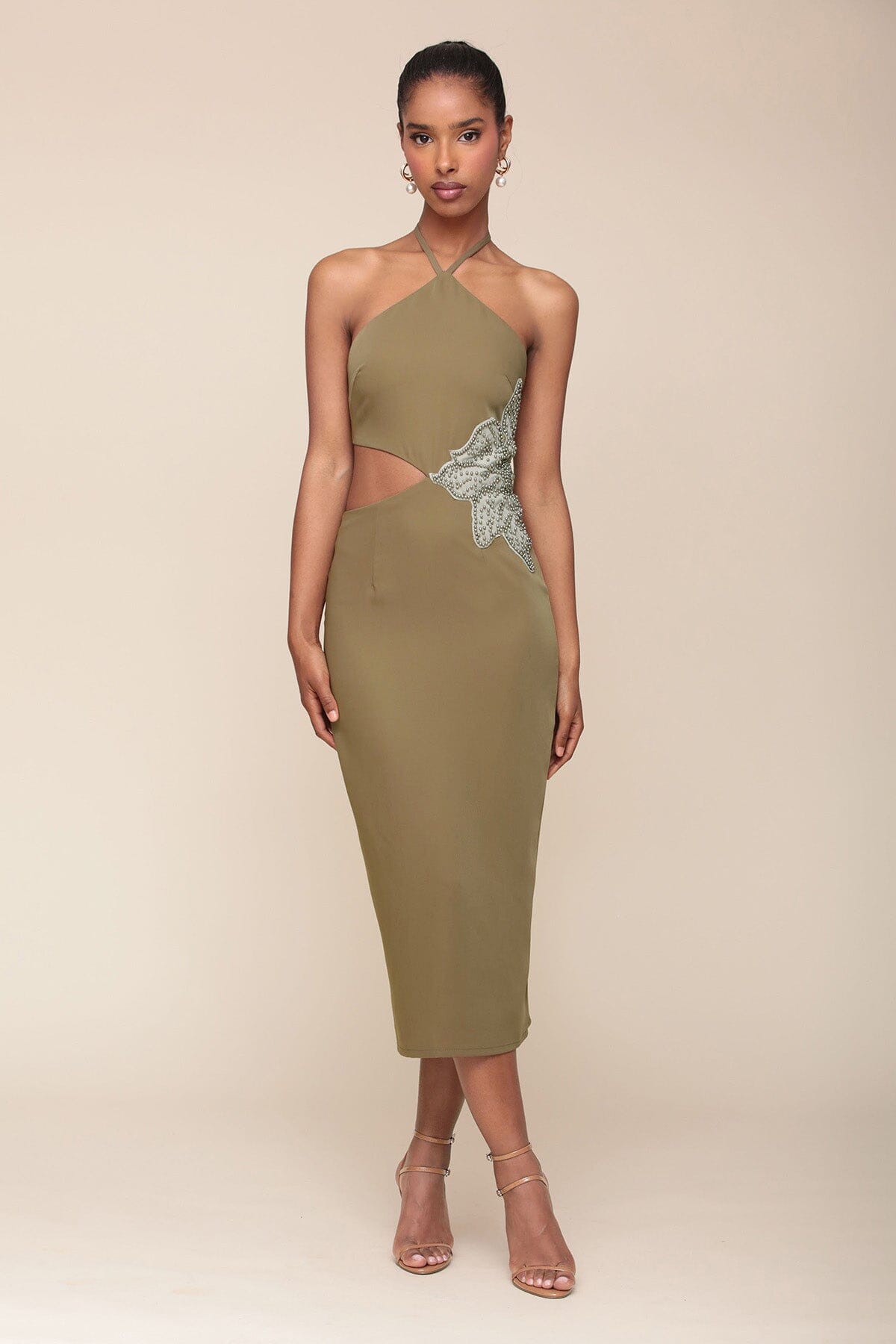 Flower Embellished Cut-Out Halter Dress Dresses Avec Les Filles Olive 2 