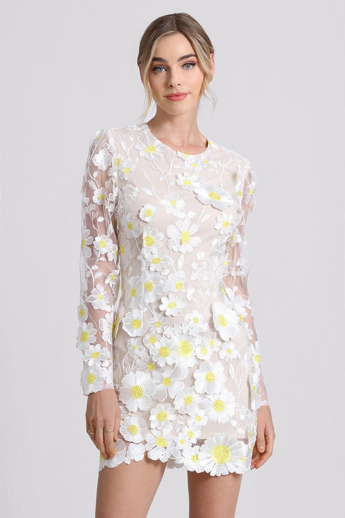 White long sleeve embroidered mini dress daisy flower applique - women's figure flattering bachelorette party dresses by Avec Les Filles