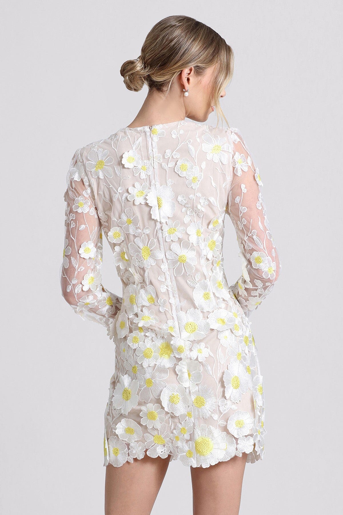 White long sleeve embroidered mini dress daisy flower applique - women's figure flattering summer date night dresses by Avec Les Filles