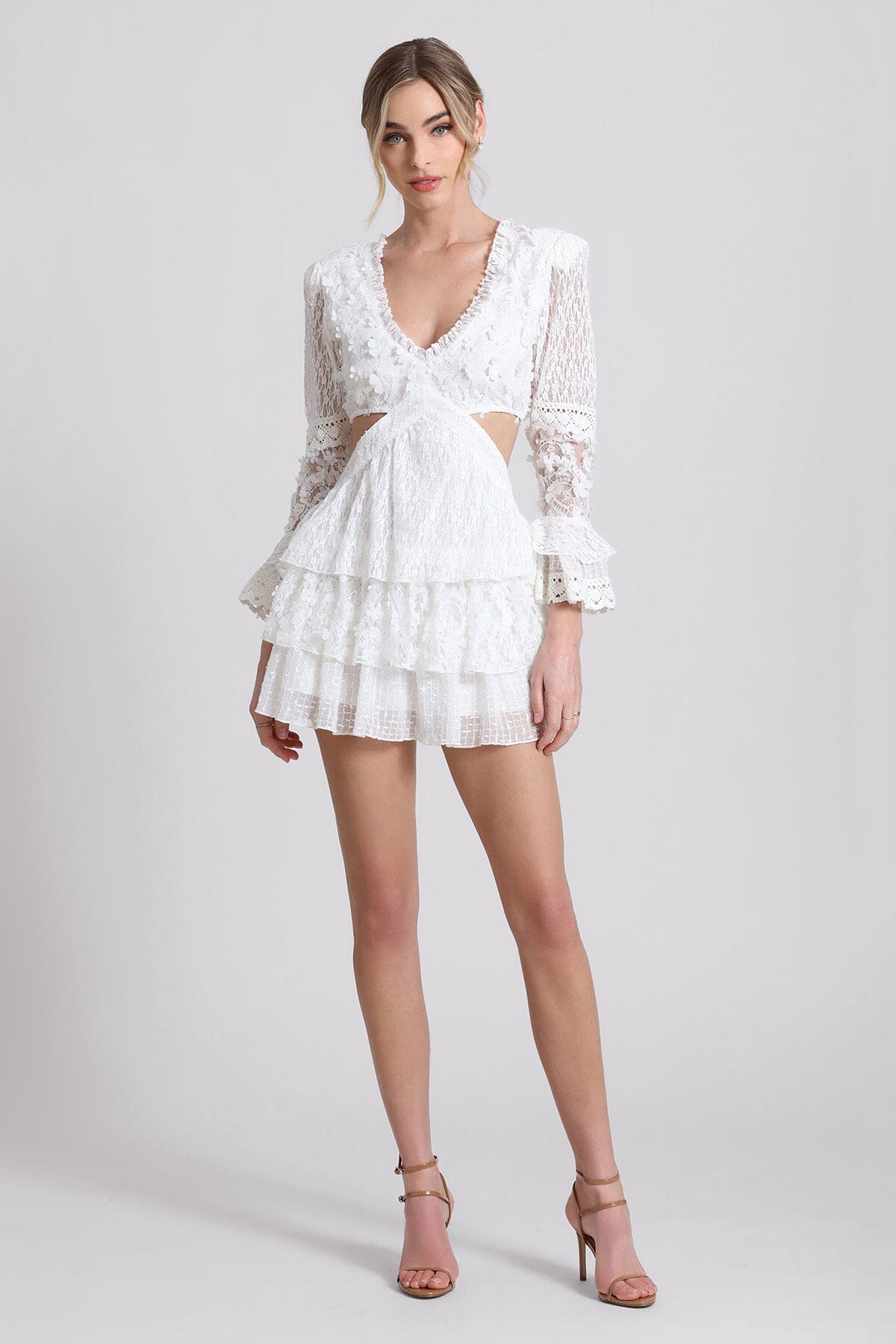 All white lace cut-out tiered mini dress - figure flattering day to night summer 2024 dresses for ladies by Avec Les Filles