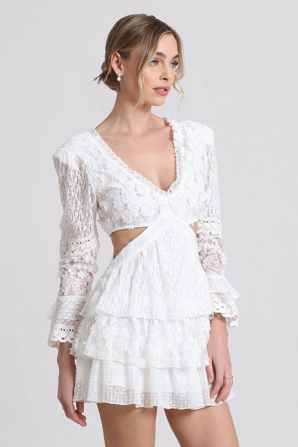 All white lace cut-out tiered mini dress - women's figure flattering summer party dresses by Avec Les Filles