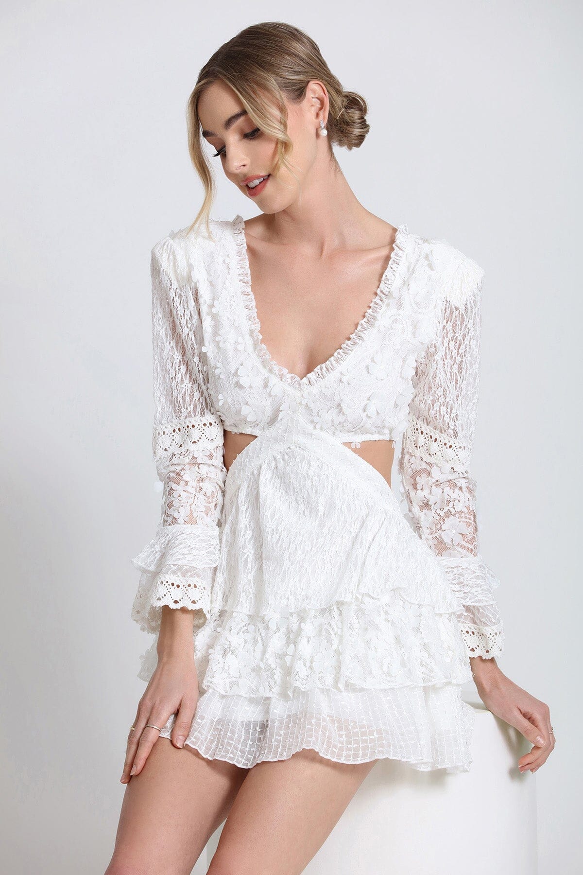 Figure flattering all white lace cut-out tiered mini dress for women's summer 2024 fashion trends by Avec Les Filles