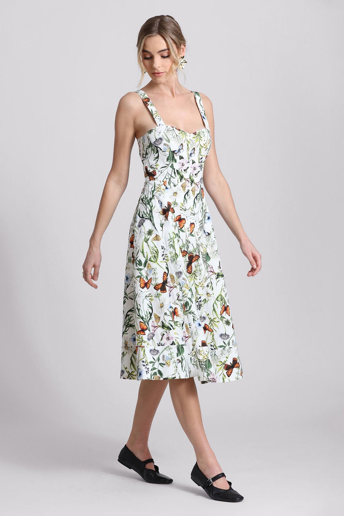 Botanical Printed Cotton Fit-n-Flare Midi Dress Dresses Avec Les Filles 