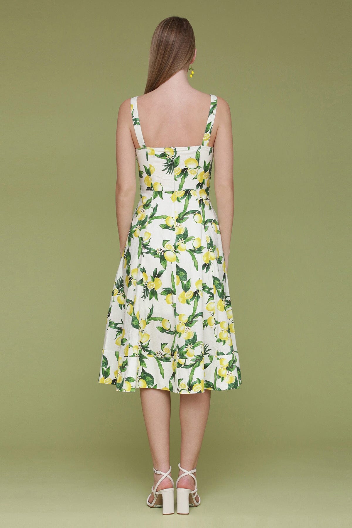 White amalfi lemon printed cotton sweetheart midi dress with sweetheart neckline and wide fixed shoulder straps -Cute women's dresses by Avec Les Filles
