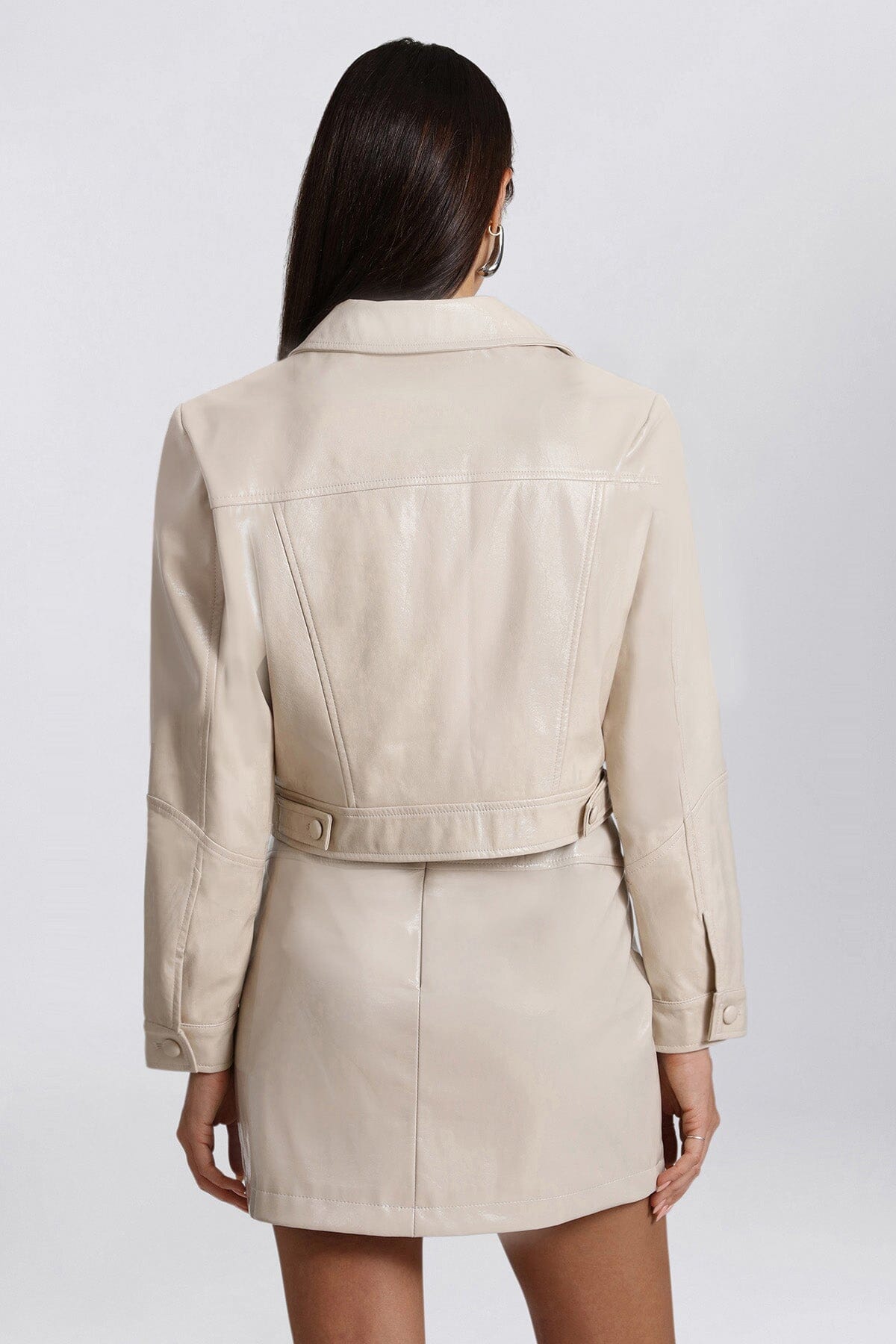 Off White glazed faux leather cropped trucker jacket coat - women's figure flattering work appropriate outerwear by Avec Les Filles