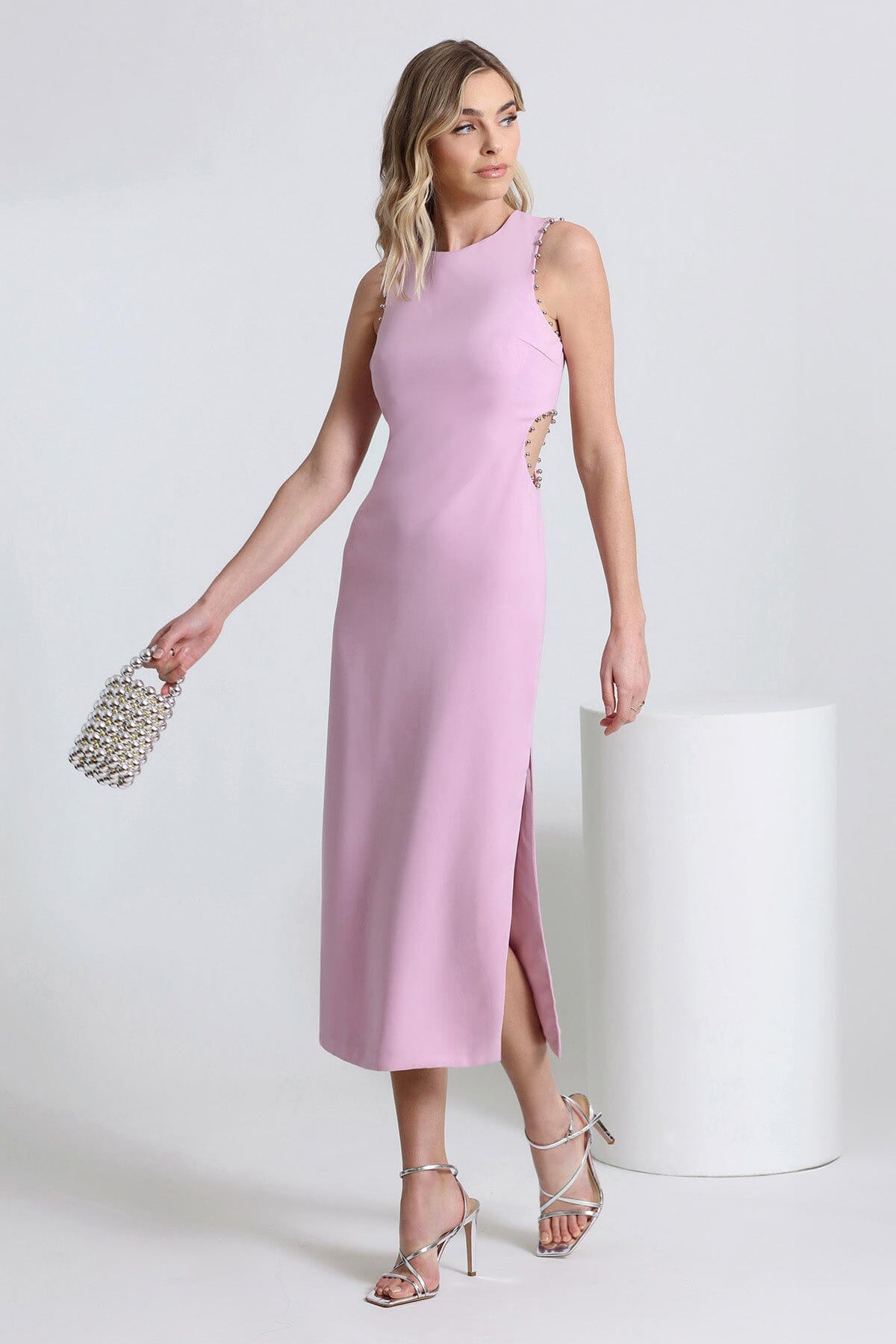 Lilac lavender purple beaded cut-out column midi dress - figure flattering date night dresses for ladies fashion trends
