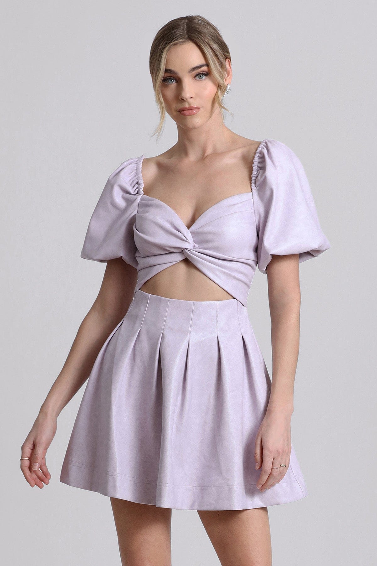 Figure flattering lilac lavender purple faux leather puff sleeve cut-out babydoll dress for ladies by Avec Les Filles
