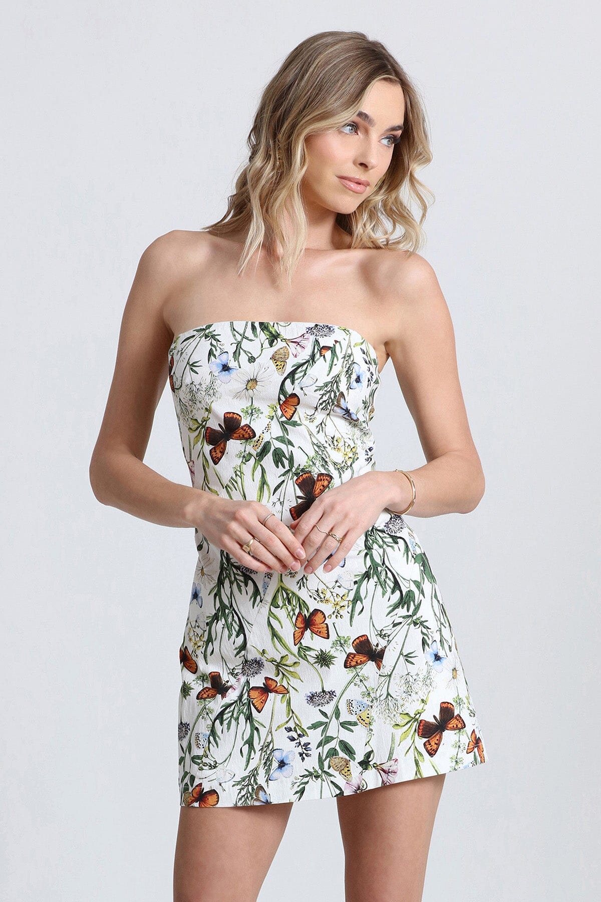 Botanical floral and butterflies stretch cotton mini dress - figure flattering bodycon spring brunch dresses for ladies by Avec Les Filles