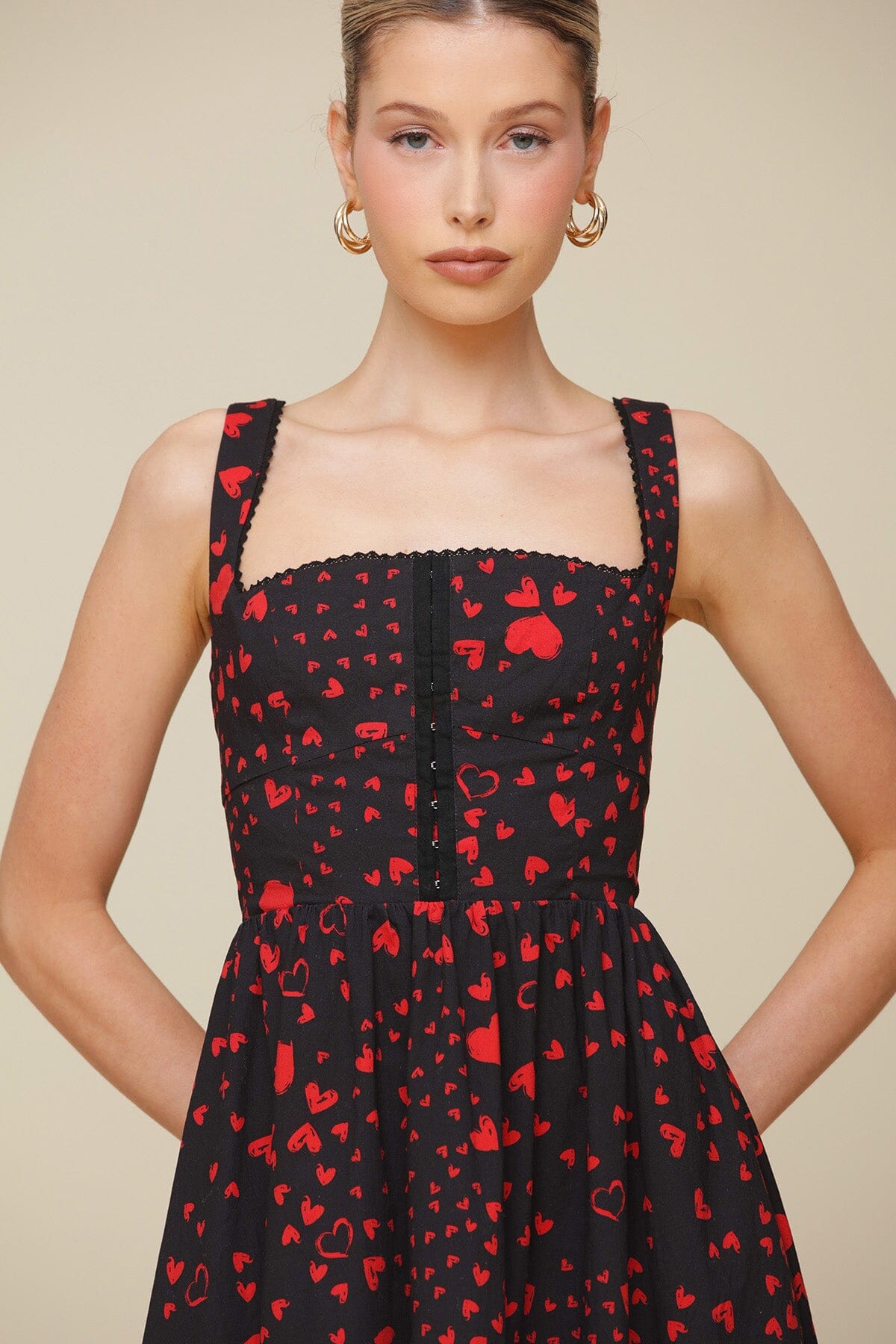 Red Swirl Heart Print Cotton Corset Midi Dress with square neck, corset detailing and comfy stretch cotton fabrication - Cute women's dresses by Avec Les Filles