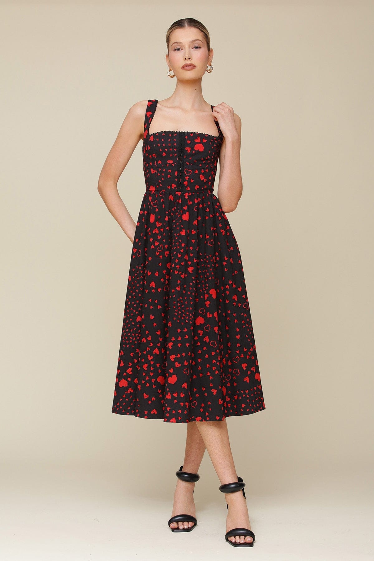 Red Swirl Heart Print Cotton Corset Midi Dress with square neck, corset detailing and comfy stretch cotton fabrication - Cute women's dresses by Avec Les Filles