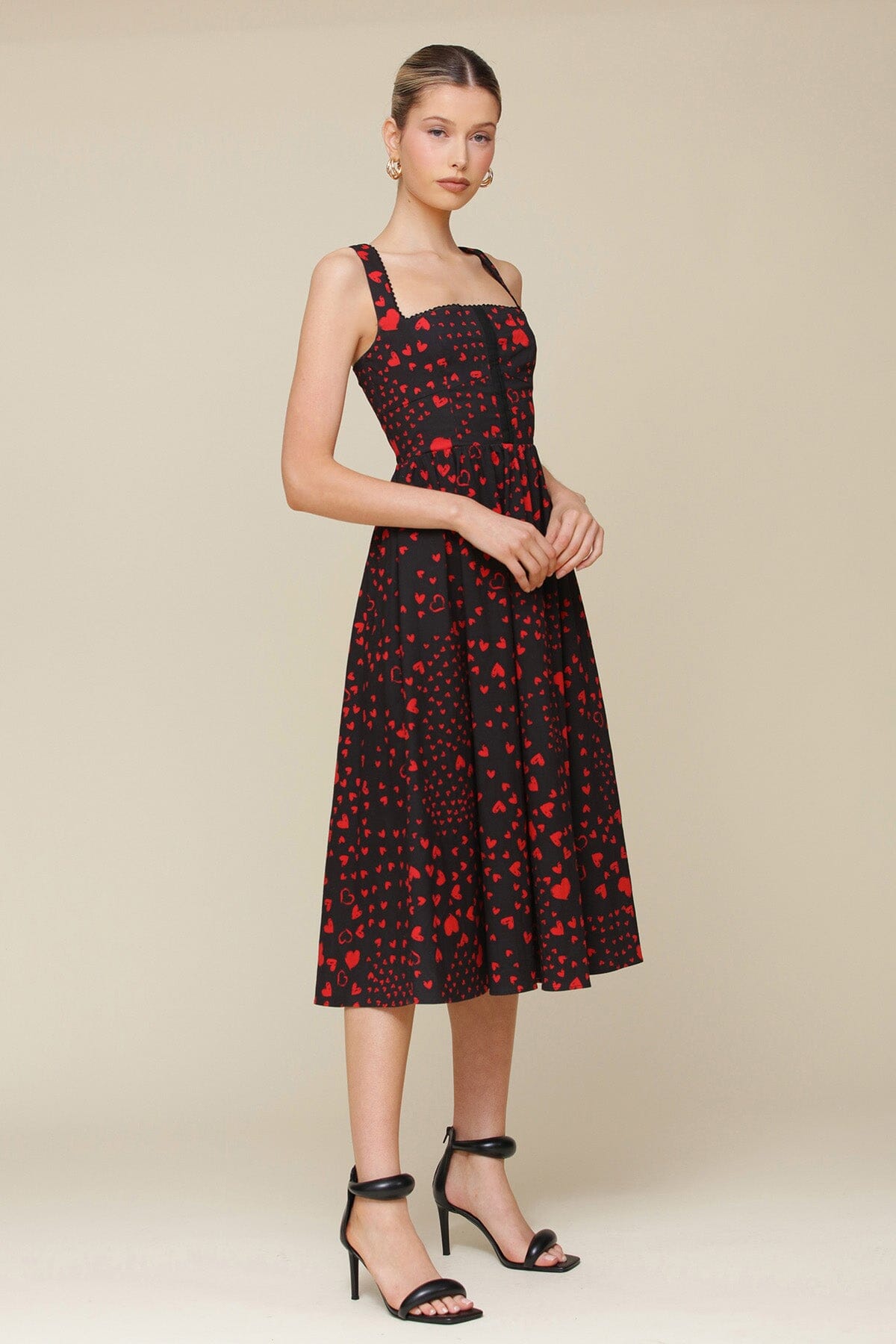 Red Swirl Heart Print Cotton Corset Midi Dress with square neck, corset detailing and comfy stretch cotton fabrication - Cute women's dresses by Avec Les Filles