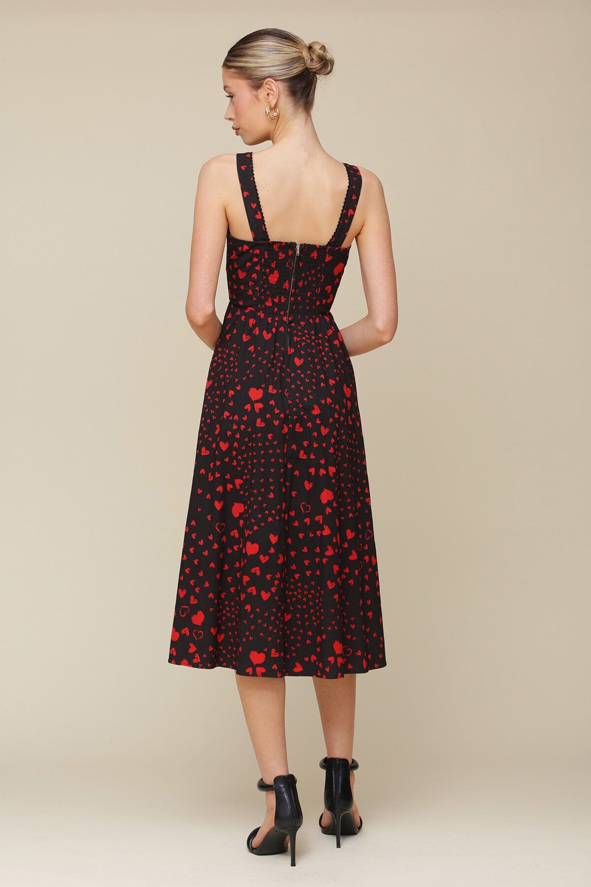 Red Swirl Heart Print Cotton Corset Midi Dress with square neck, corset detailing and comfy stretch cotton fabrication - Cute women's dresses by Avec Les Filles