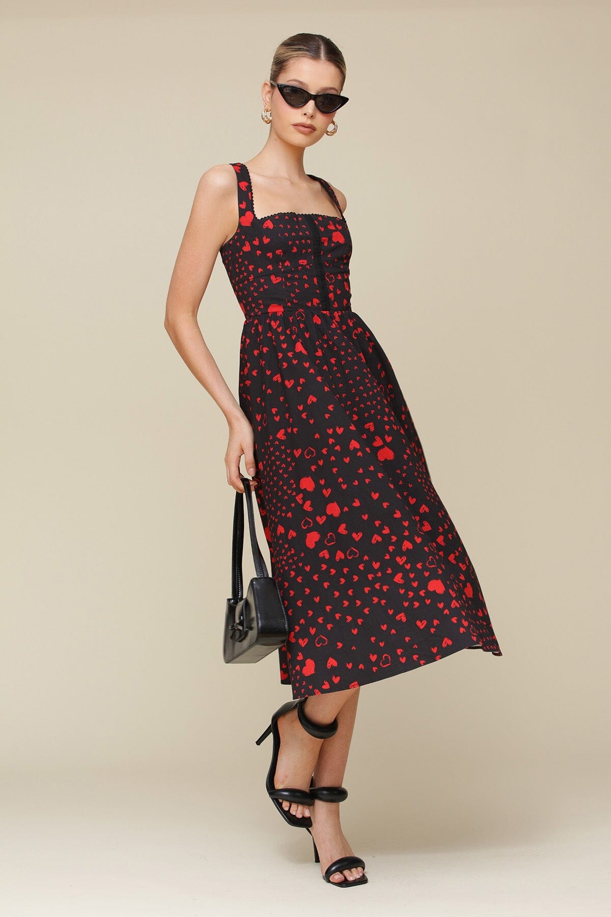 Red Swirl Heart Print Cotton Corset Midi Dress with square neck, corset detailing and comfy stretch cotton fabrication - Cute women's dresses by Avec Les Filles