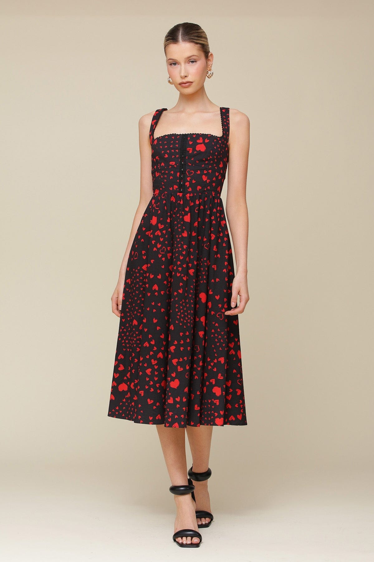 Red Swirl Heart Print Cotton Corset Midi Dress with square neck, corset detailing and comfy stretch cotton fabrication - Cute women's dresses by Avec Les Filles
