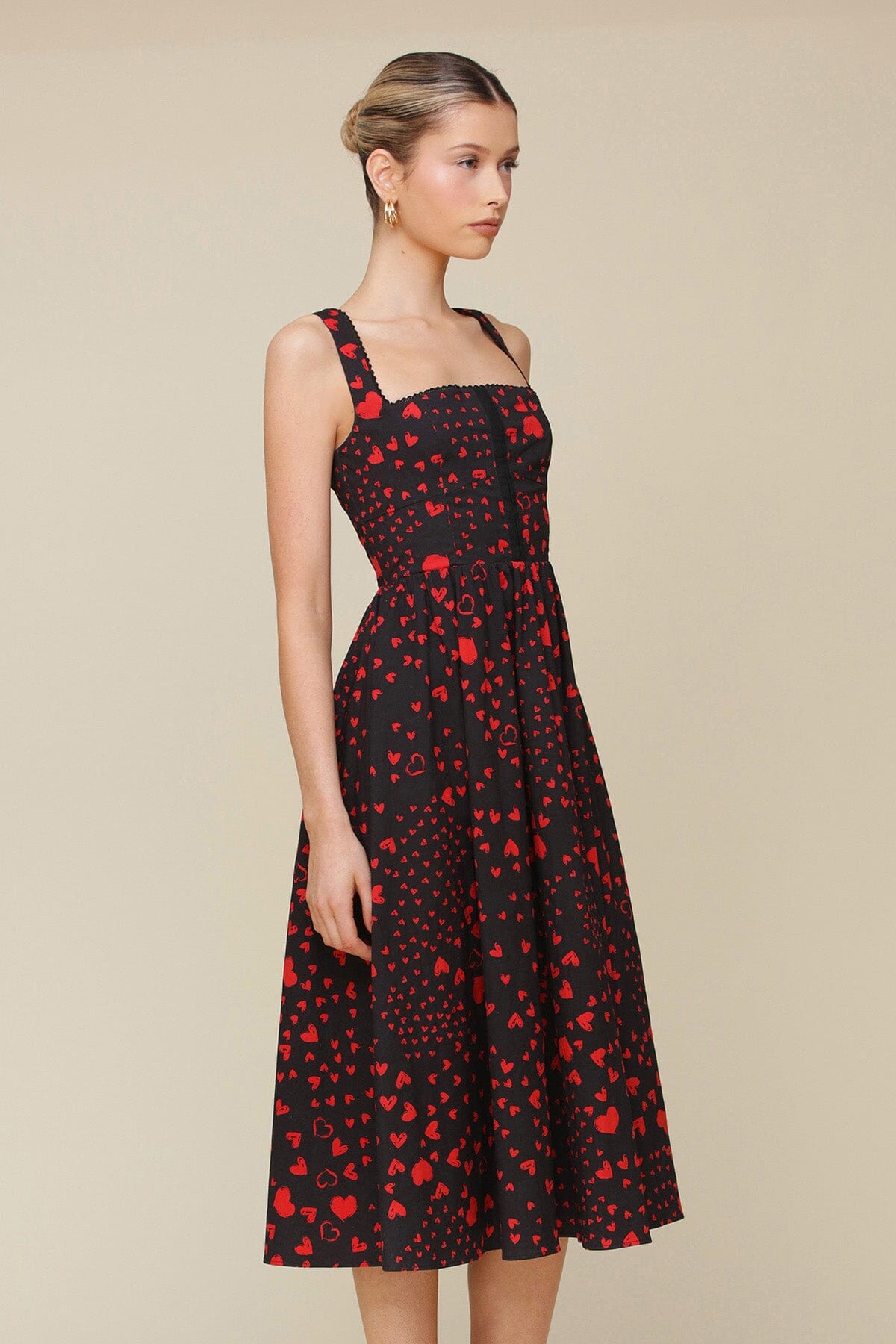 Red Swirl Heart Print Cotton Corset Midi Dress with square neck, corset detailing and comfy stretch cotton fabrication - Cute women's dresses by Avec Les Filles