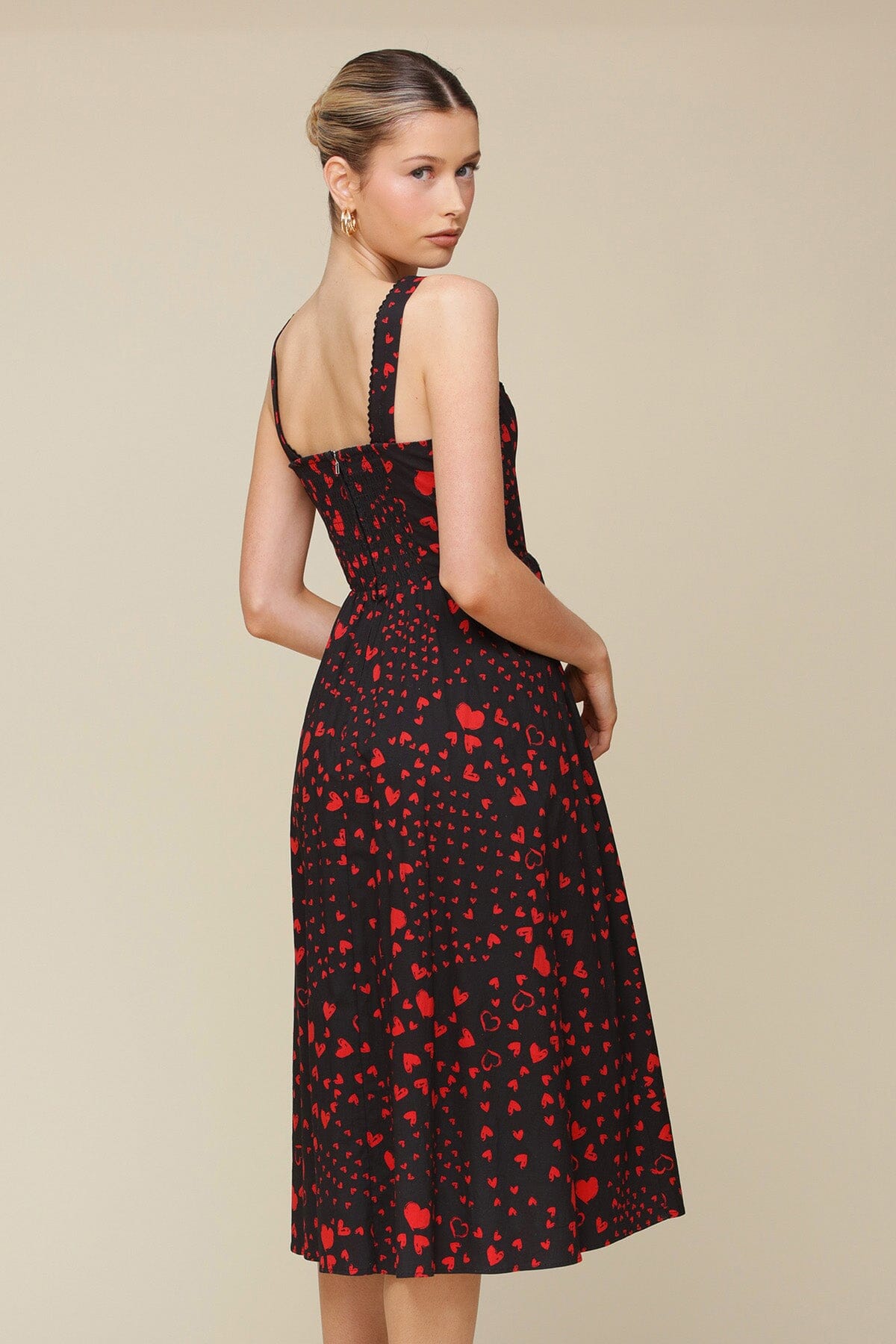 Red Swirl Heart Print Cotton Corset Midi Dress with square neck, corset detailing and comfy stretch cotton fabrication - Cute women's dresses by Avec Les Filles