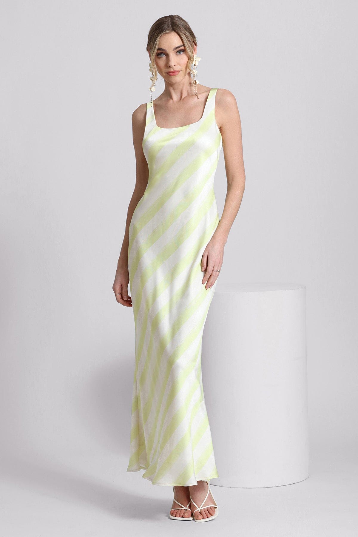 lime green white striped satin bias cut maxi slip dress for ladies - designer fashion dresses by Avec Les Filles