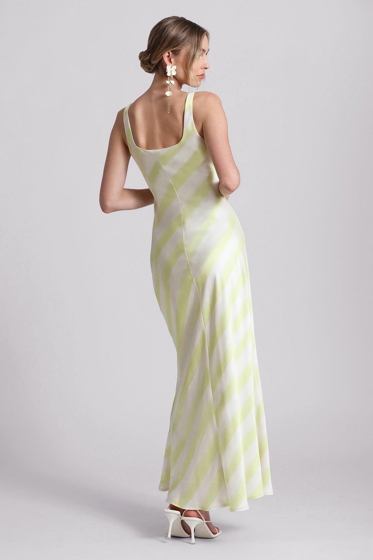 lime green white striped satin bias cut maxi slip dress - women's figure flattering party dresses for Summer 2024 fashion trends by Avec Les Filles
