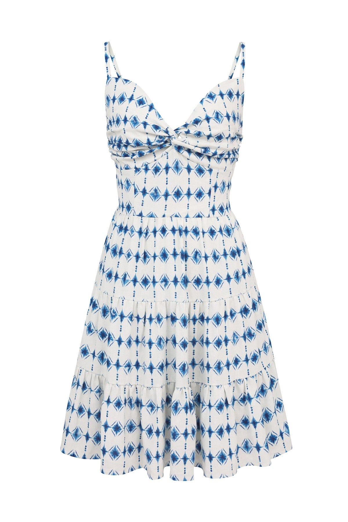 White & blue tie dye Shibori print tiered linen blend mini dress - Spring / Summer 2024 Dresses Avec Les Filles