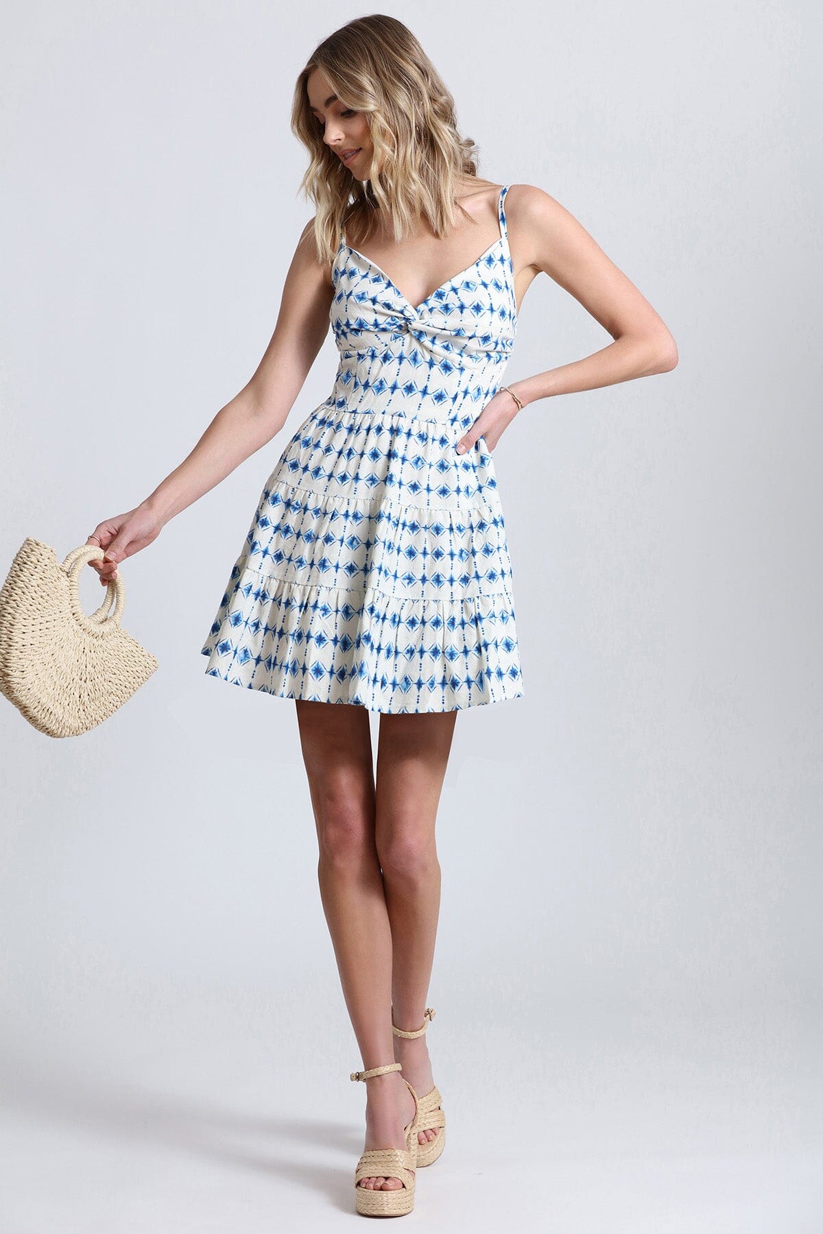 White Blue Tie Dye Print Tiered Linen Blend Mini Dress