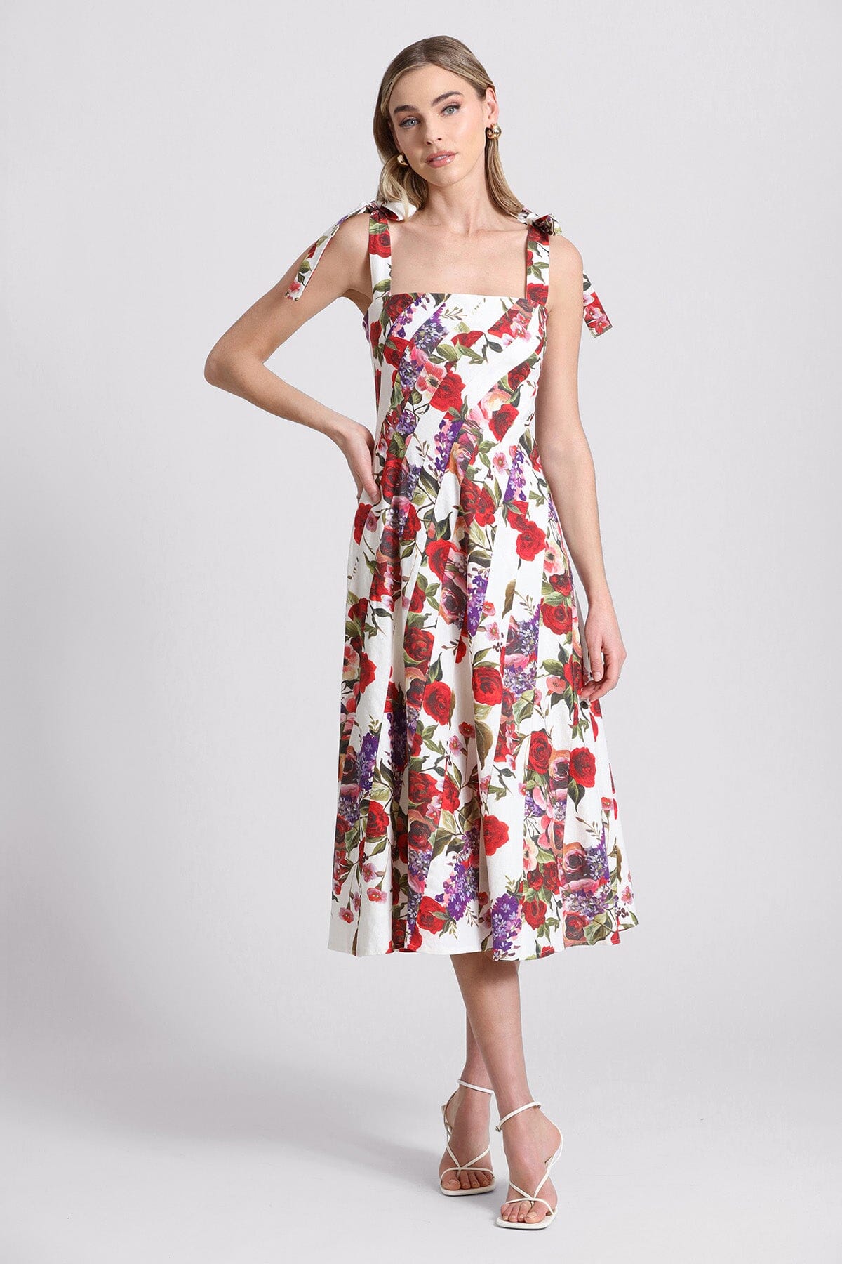 Rose Floral Linen Blend Fit-and-Flare Midi Dress - Cute designer fashion mid length dresses Avec Les Filles 