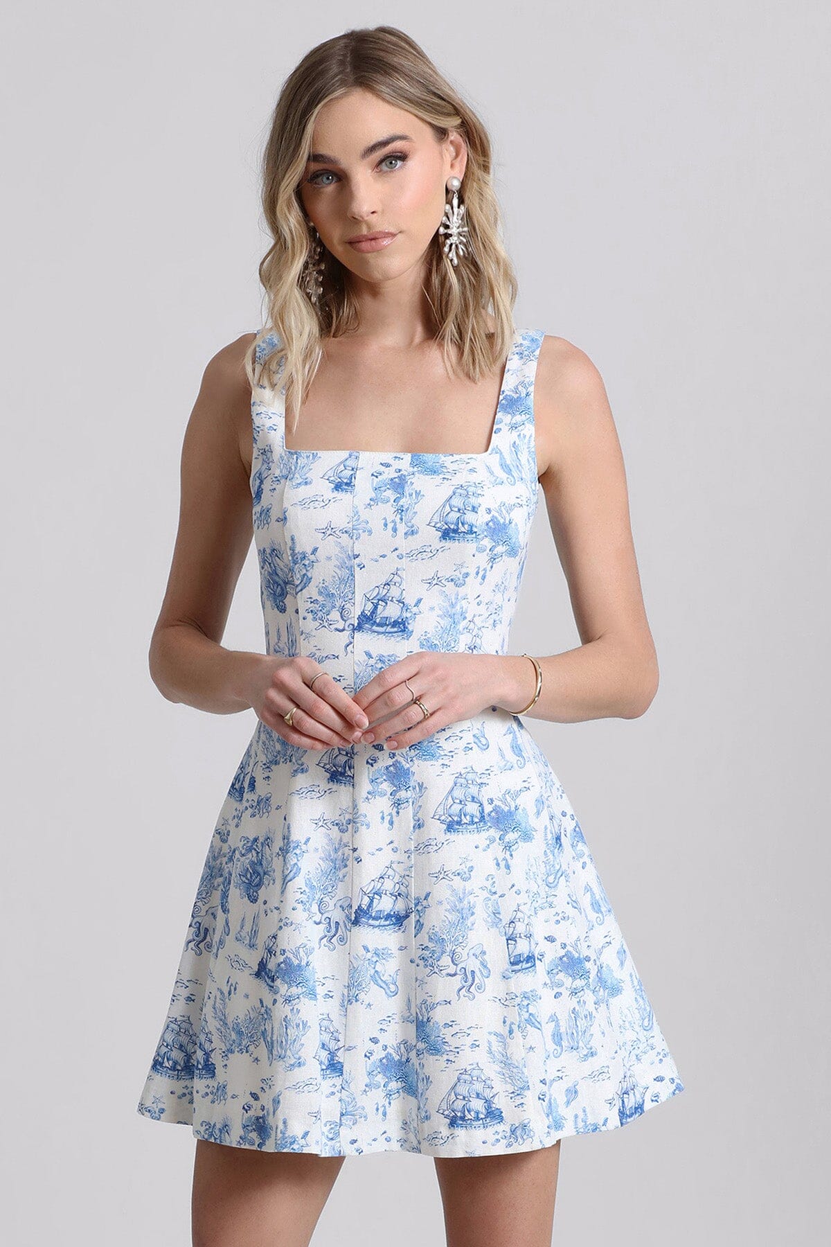 Blue & White Toile Print Linen Blend Mini Dress - Cute designer fashion dresses Avec Les Filles 