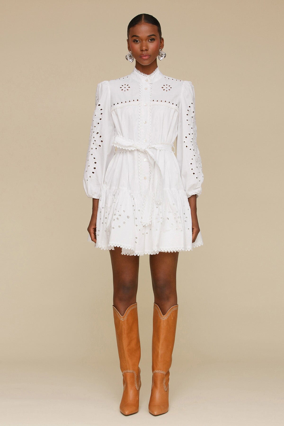 Broderie anglaise white cotton shirtdress with long puff sleeves, lace trim and a detachable belt mini dress by Avec Les Filles