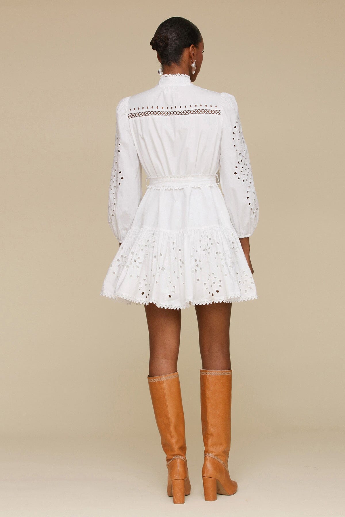 Broderie anglaise white cotton shirtdress with long puff sleeves, lace trim and a detachable belt mini dress - Women's designer fashion dresses by Avec Les Filles