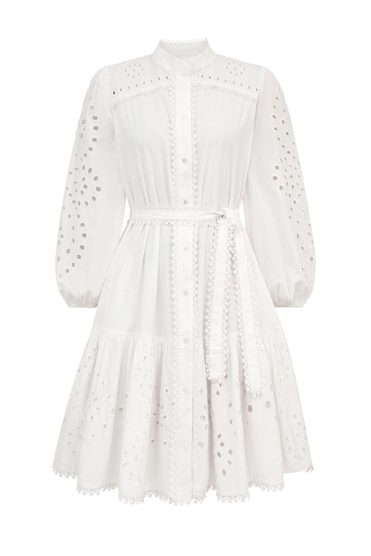 Broderie Anglaise White Cotton Shirtdress Long Sleeve Tie Belt Waist Mini Dress - Designer Fashion Dresses by Avec Les Filles