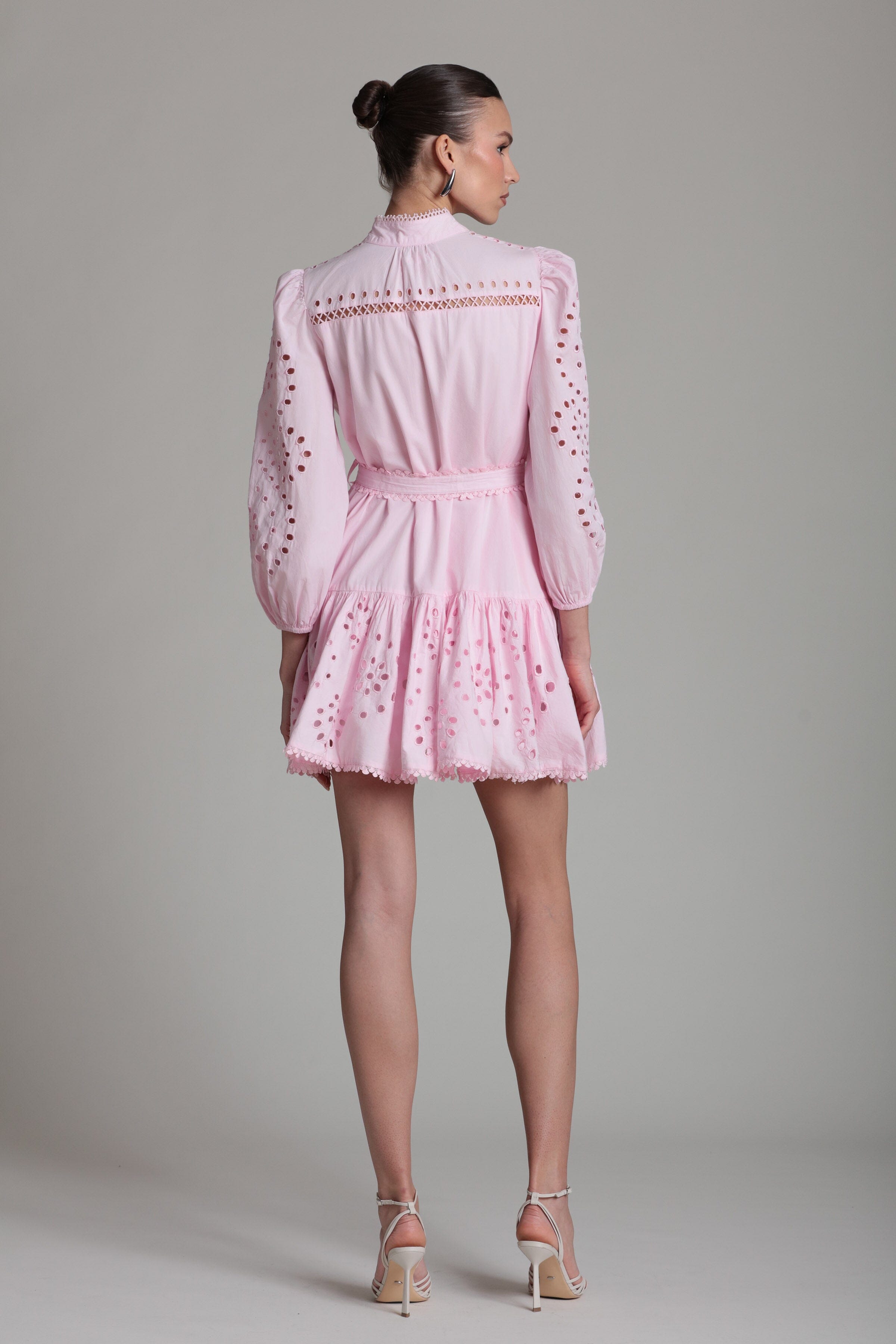 Broderie anglaise pink cotton shirtdress with puff sleeves and detachable belt - Shop cute shirtdresses by Avec Les Filles