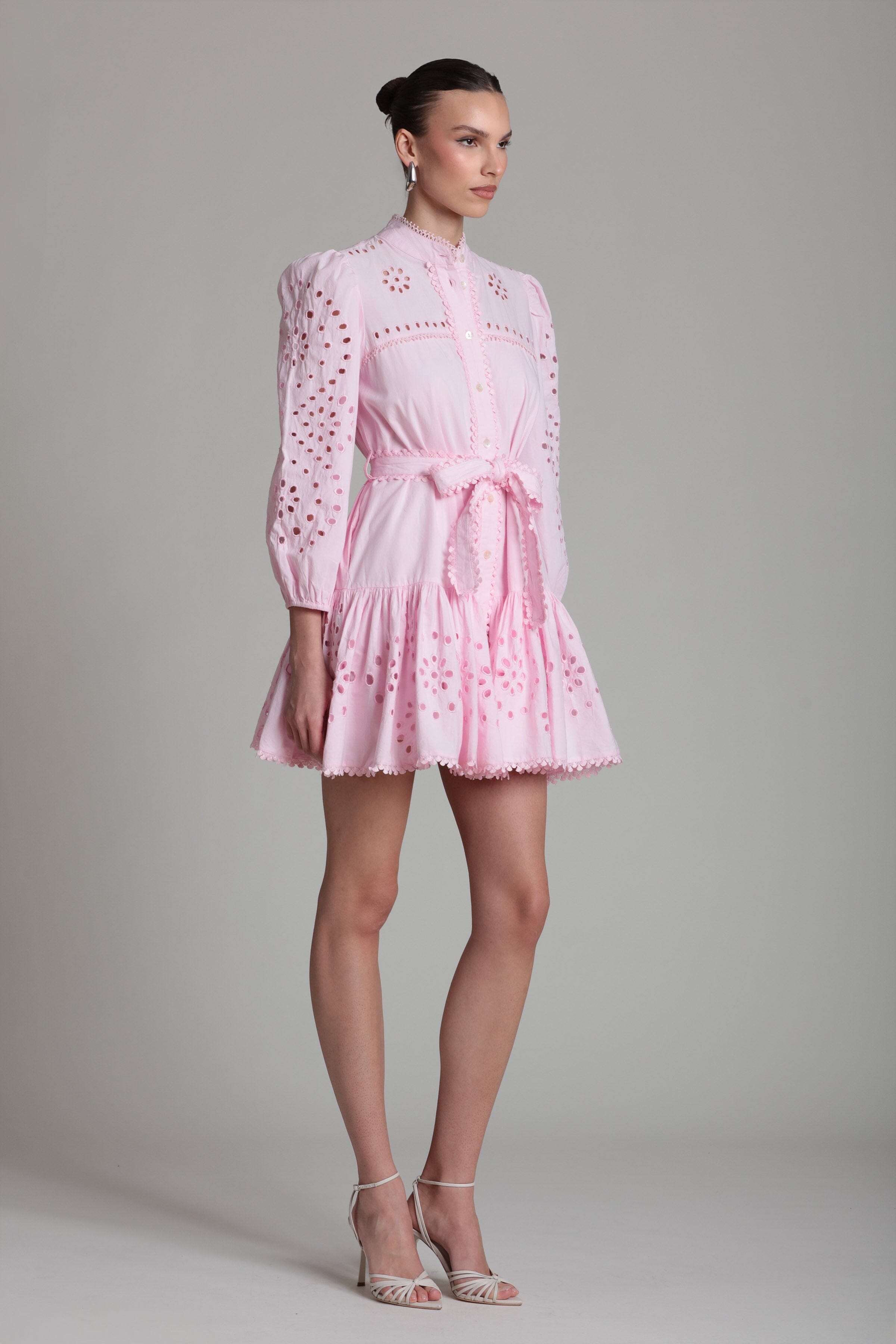 Broderie anglaise pink cotton shirtdress with puff sleeves with belt - Shop women's shirtdresses by Avec Les Filles.