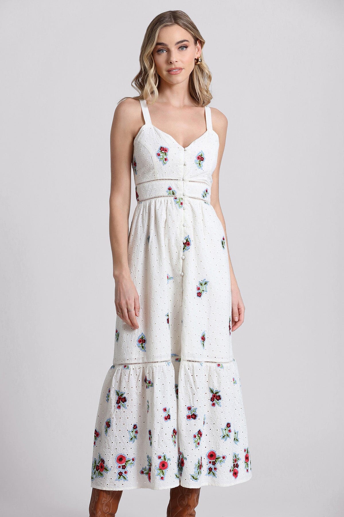 avec Les Filles Floral Embroidered Eyelet Midi Dress in Maria Floral at Nordstrom Size 10
