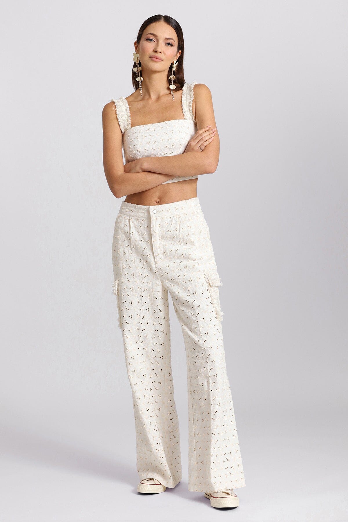 Women's white embroidered cotton wide leg cargo pant for 2024 fashion trends by Avec Les Filles
