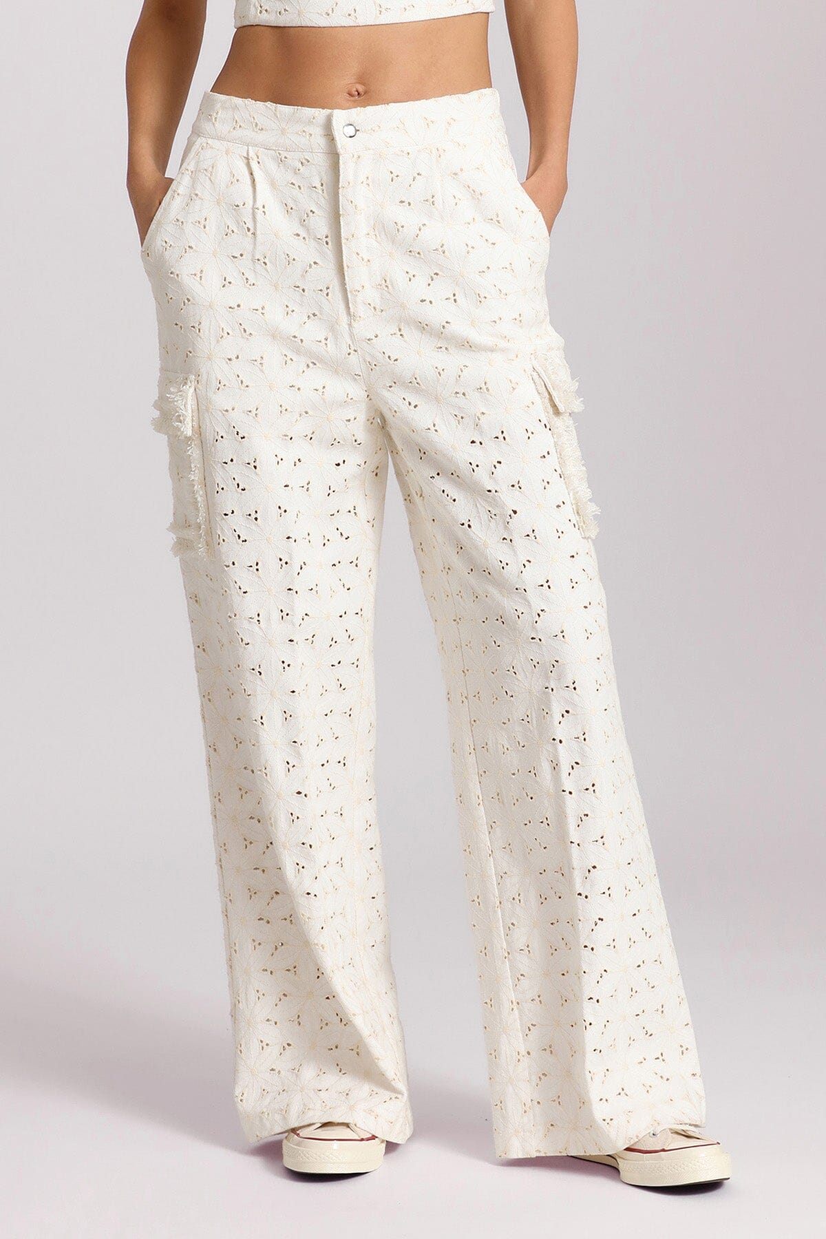 White embroidered cotton wide leg cargo pant for women's Summer 2024 fashion trends by Avec Les Filles