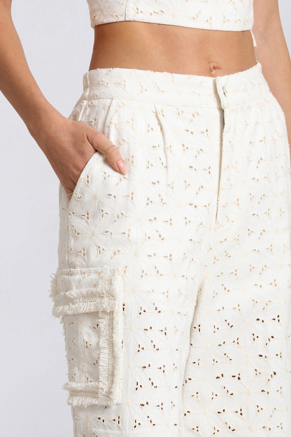 White embroidered cotton wide leg cargo pant - women's figure flattering summer brunch pants by Avec Les Filles
