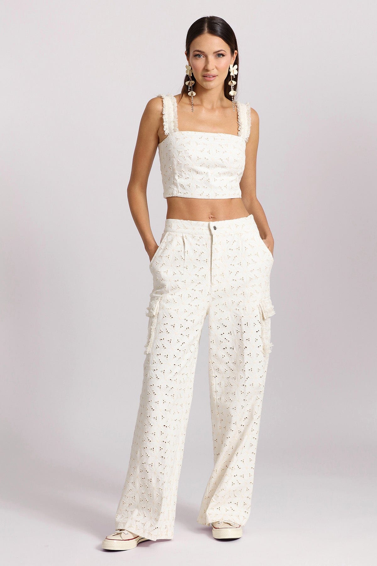 White embroidered cotton wide leg cargo pant - figure flattering spring 2024 pants for ladies by Avec Les Filles