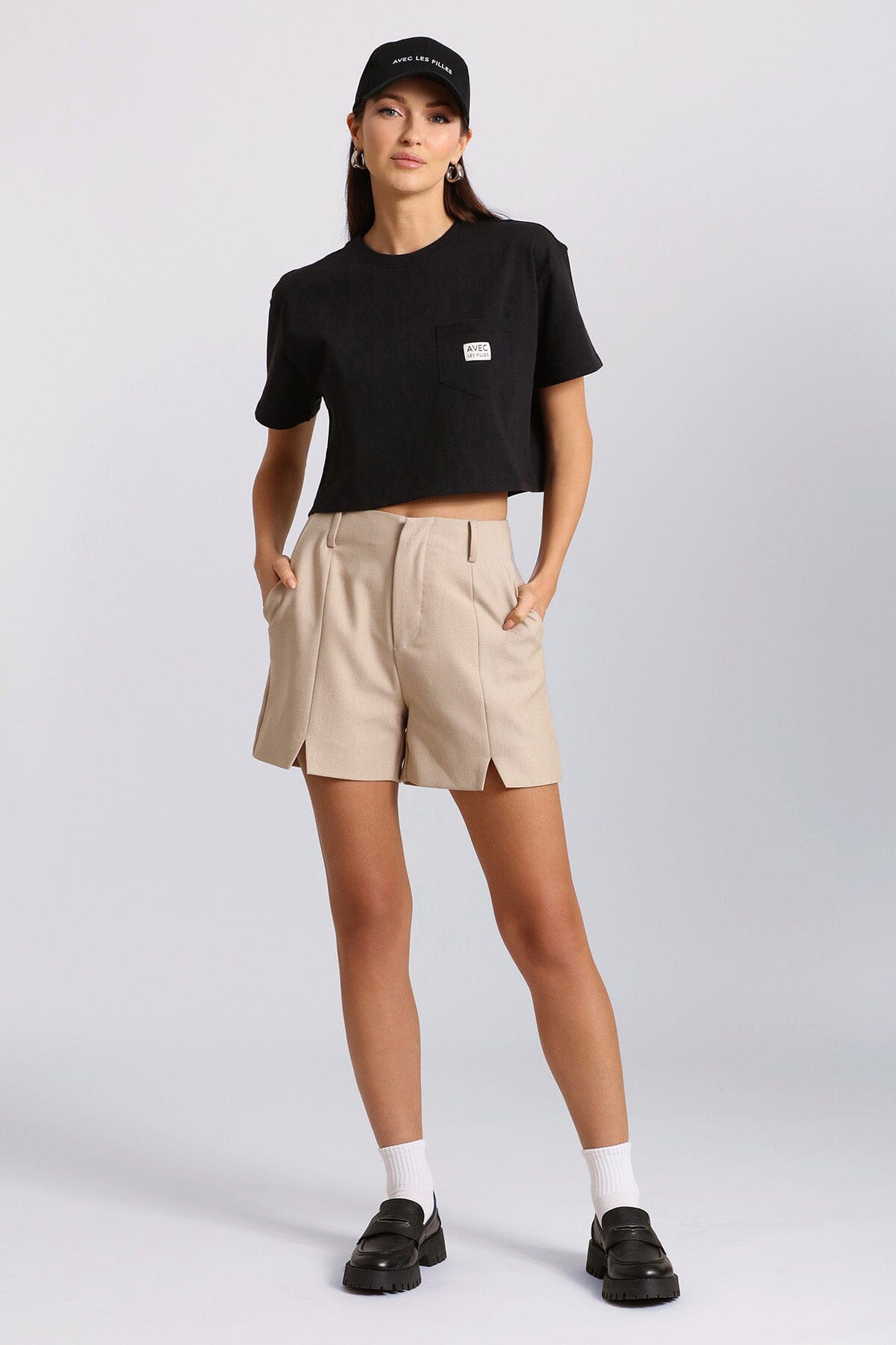 Tan high waist tailored shorts for summer 2024 fashion by Avec Les Filles