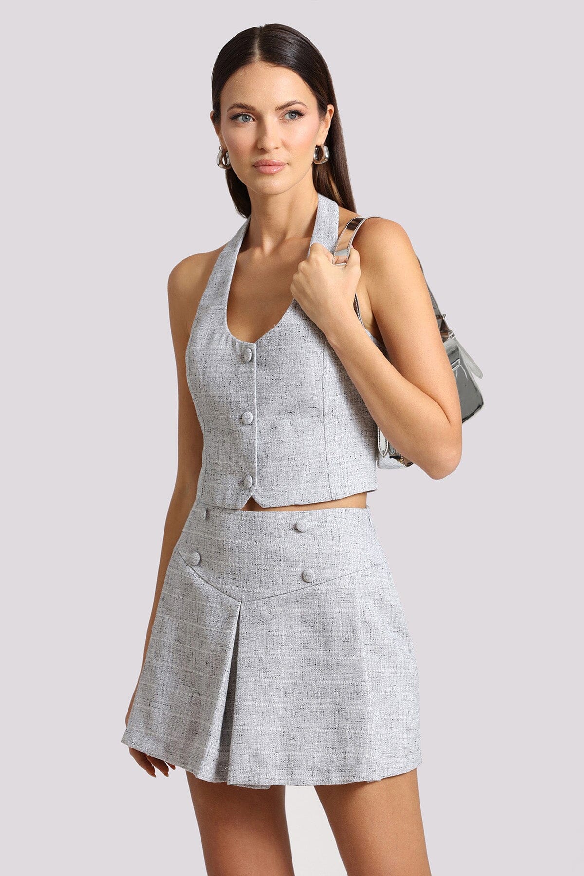 Light blue cropped tweed halter vest - women's figure flattering designer vests for spring 2024 fashion trends by Avec Les Filles