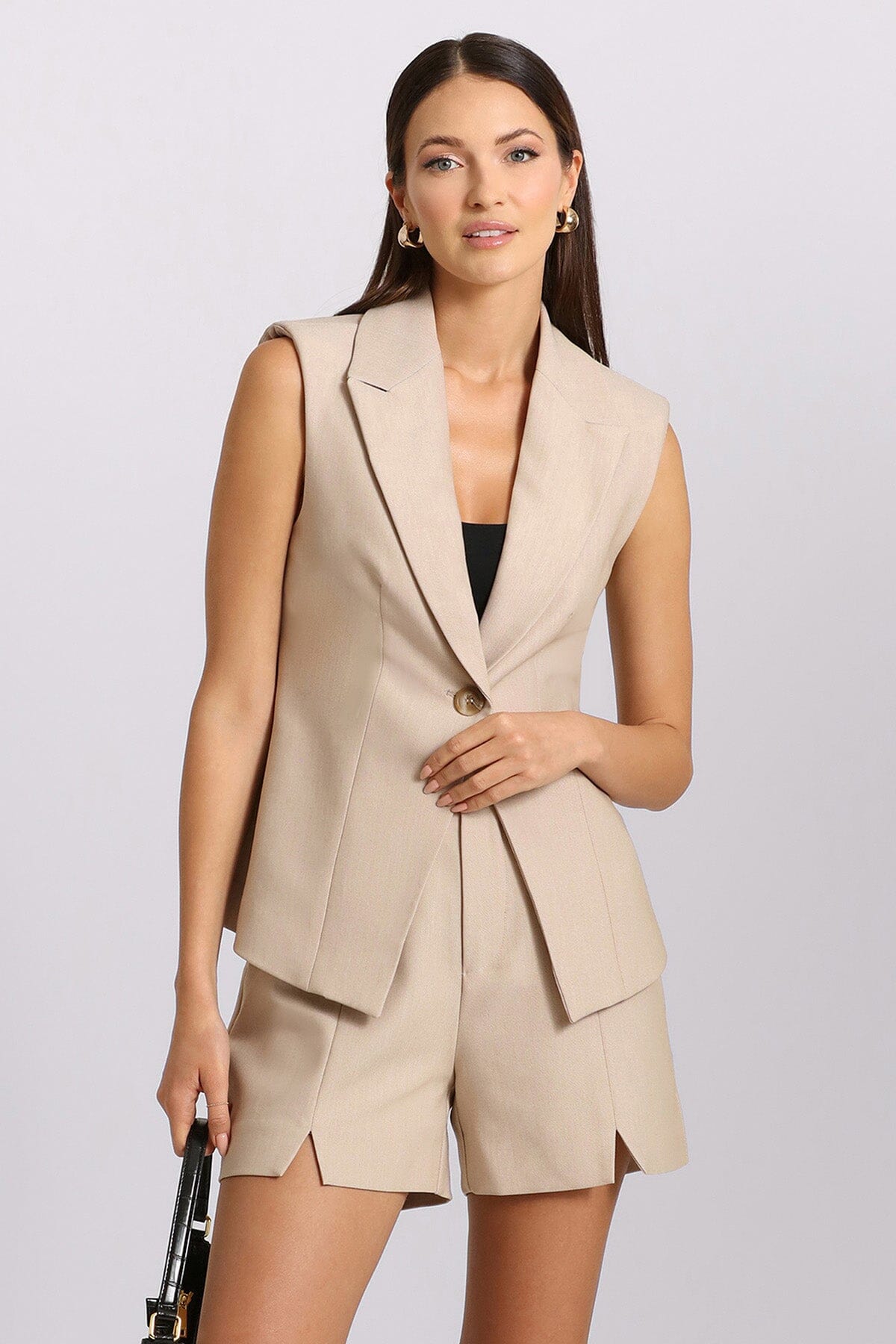 light beige cute flattering single-button blazer sculpted vest - women's designer fashion vests by Avec Les Filles 