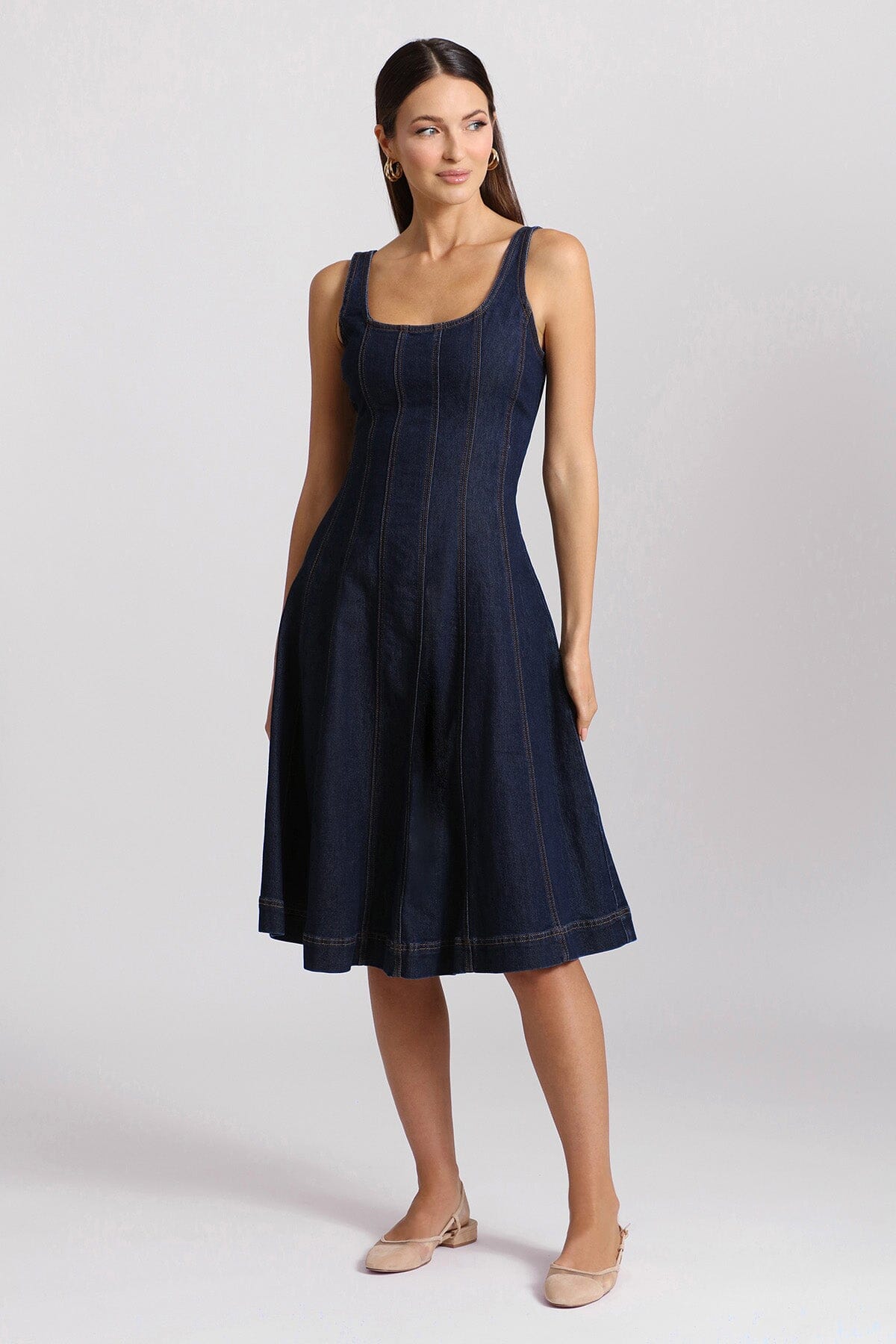 Dark indigo denim fit and flare midi dress - figure flattering designer spring 2024 dresses for women's fashion trends by Avec Les FIlles 