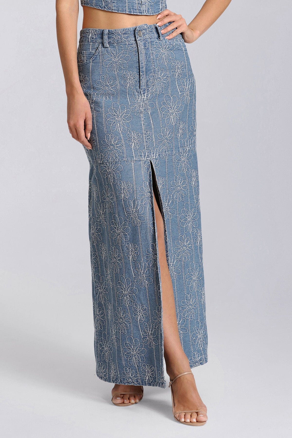 Light blue embroidered denim long maxi skirt - women's figure flattering summer 2024 skirts by Avec Les FIlles